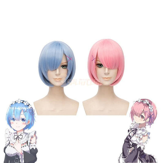 anime re zero starting life in another world rem and ram short blue pink cosplay wigs