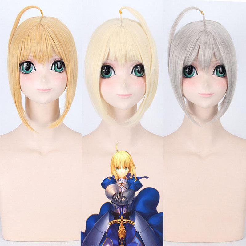 anime fgo fate stay night arturia pendragon saber blonde grey styled updo 3 colors cosplay wigs