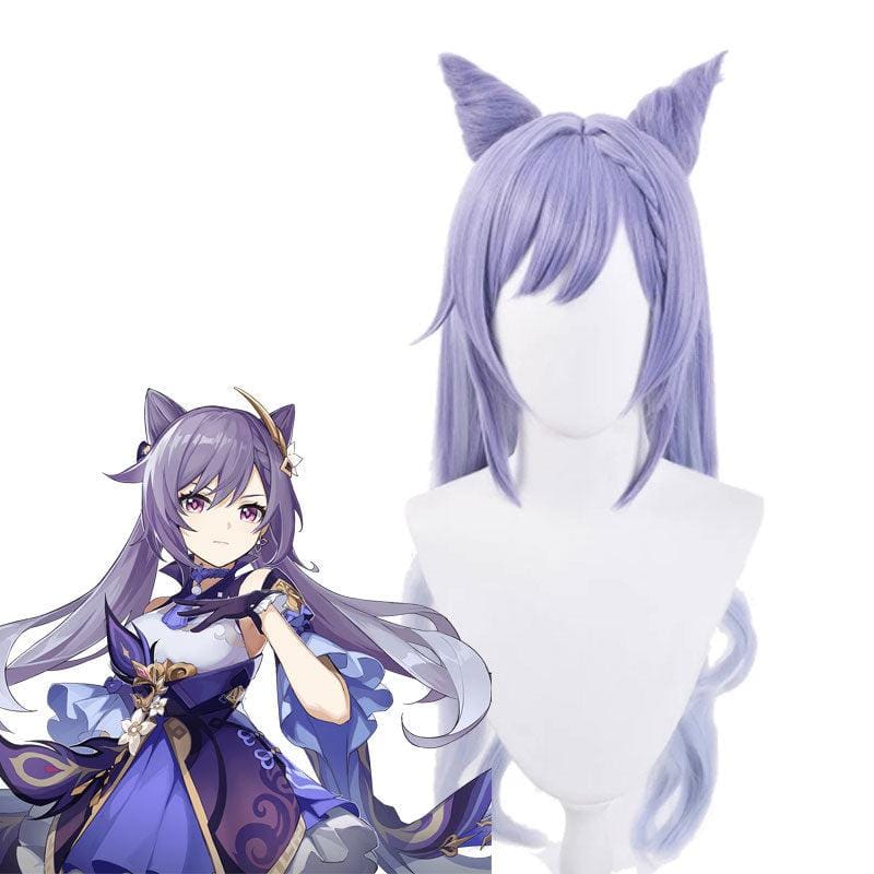 game genshin impact keqing ponytails mixed purple cosplay wig with ears