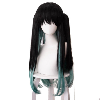 demon slayer tokitou muichirou black gradient mixed with blue green long cosplay wig 487g