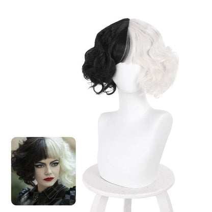 movie cruella cruella de vil black white bangs curly cosplay wigs