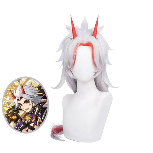 game genshin impact arataki itto silver mixed red long cosplay wigs