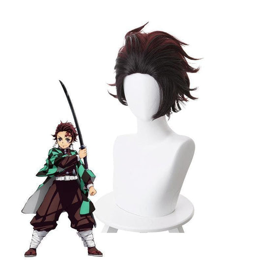 anime demon slayer kimetsu no yaiba tanjirou kamado short wine red men cosplay wigs