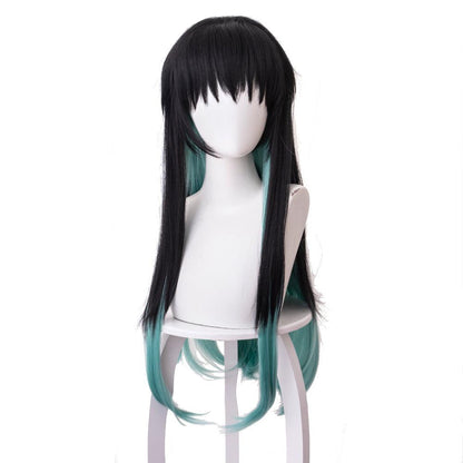 demon slayer tokitou muichirou black gradient mixed with blue green long cosplay wig 487g