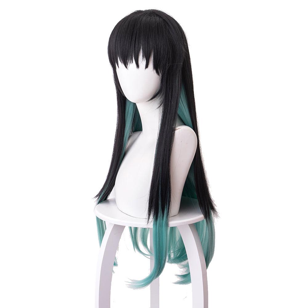 demon slayer tokitou muichirou black gradient mixed with blue green long cosplay wig 487g