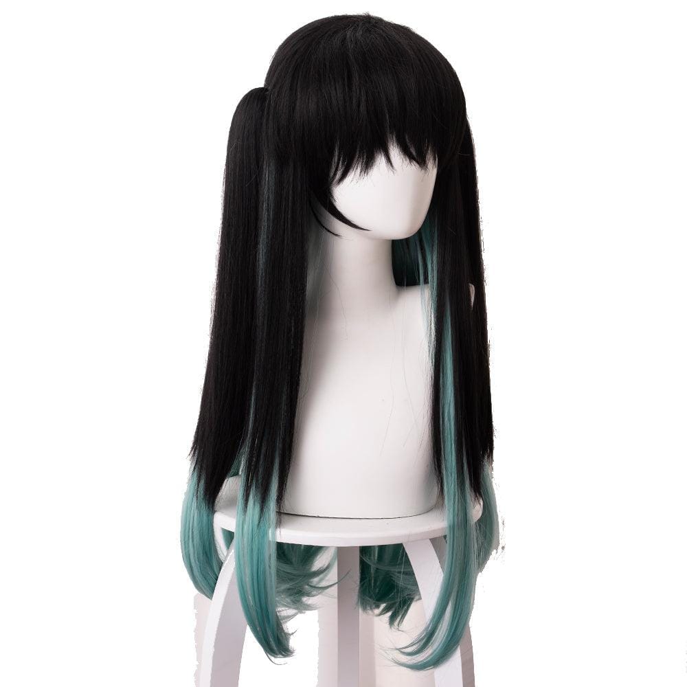 demon slayer tokitou muichirou black gradient mixed with blue green long cosplay wig 487g