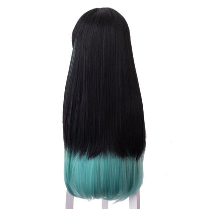 demon slayer tokitou muichirou black gradient mixed with blue green long cosplay wig 487g