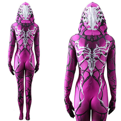 Violet Venom Spider Gwen Stacy Hooded Jumpsuits Costume Adult Bodysuit