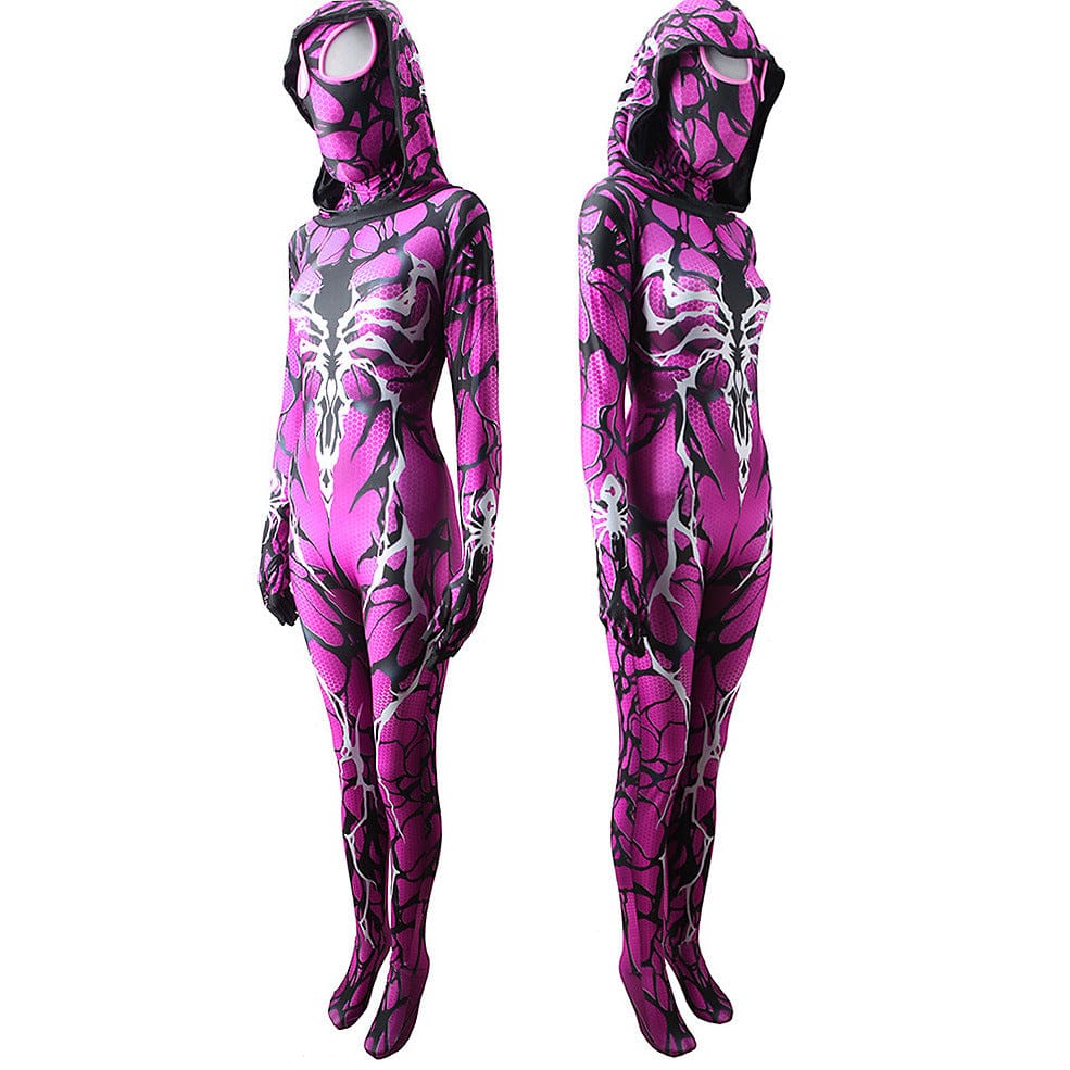 Violet Venom Spider Gwen Stacy Hooded Jumpsuits Costume Adult Bodysuit